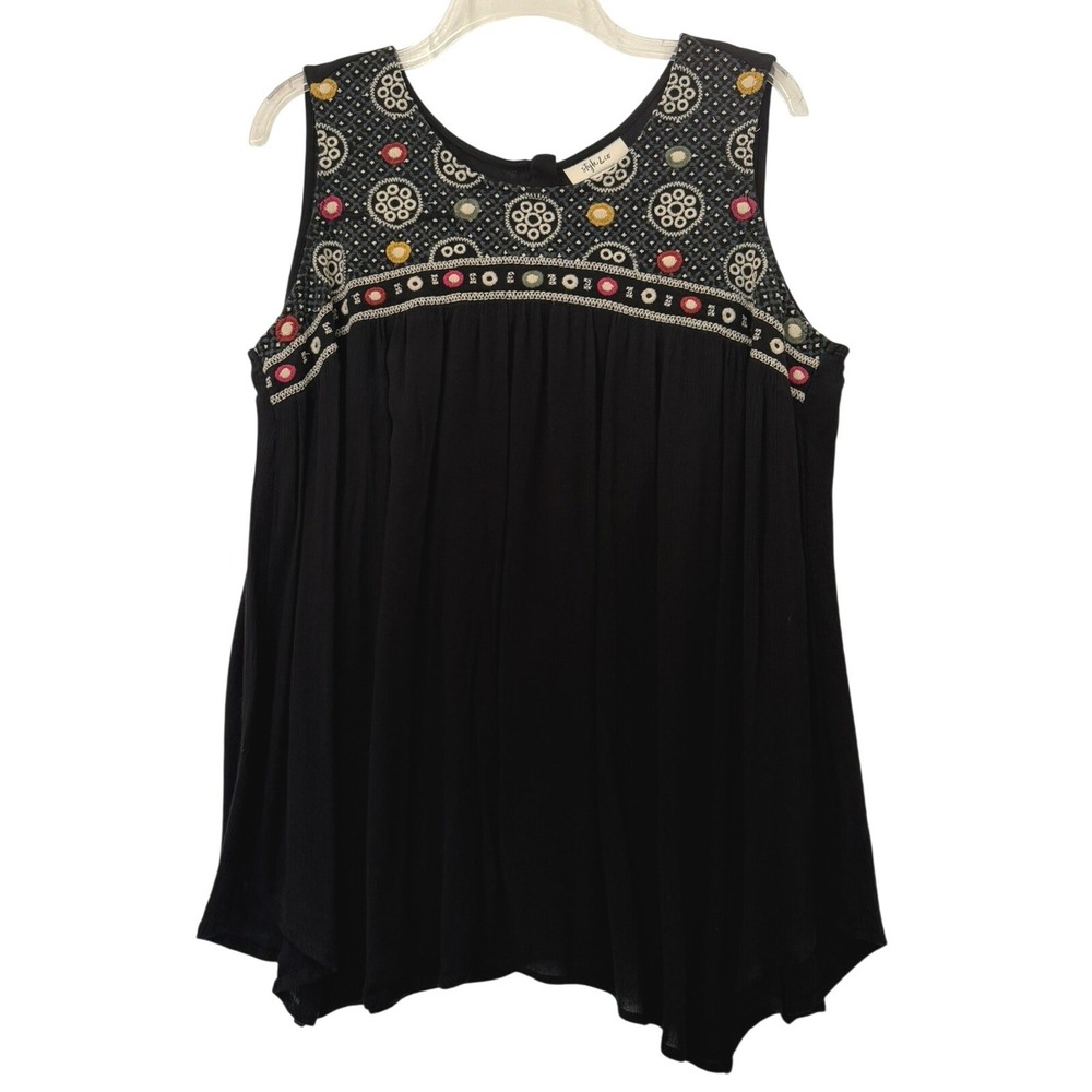 Style & Co Women's Large Black Embroidered Yoke Sleeveless Handkerchief Hem Top